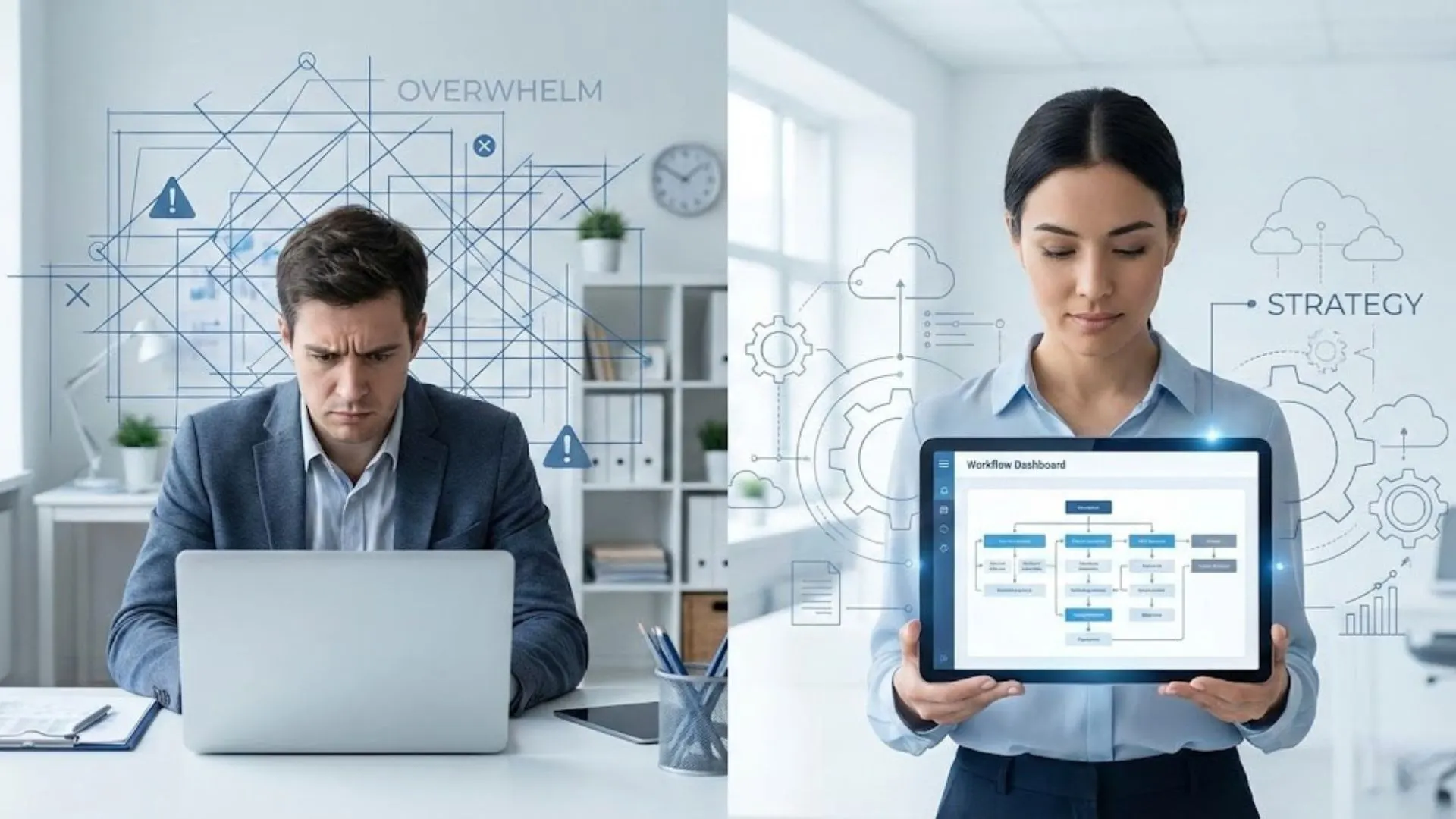 A comparison of a stressed business owner versus a confident strategist using Expert AI Prompts tools.