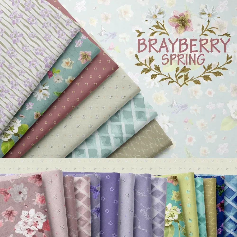 Brayberry Spring surface pattern collection featuring soft spring florals, delicate blossoms, and coordinating prints in pastel lavender, blush, aqua, cream, and fresh garden tones by Brayberry Design.
