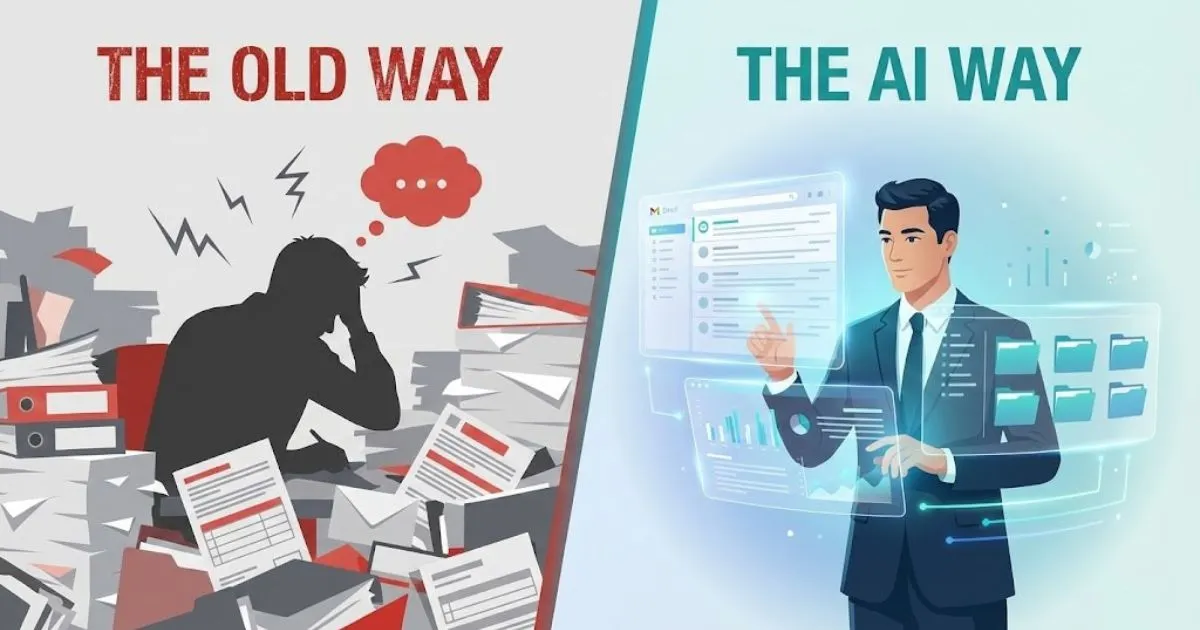 Comparison of manual email writing versus efficient AI email automation workflow.