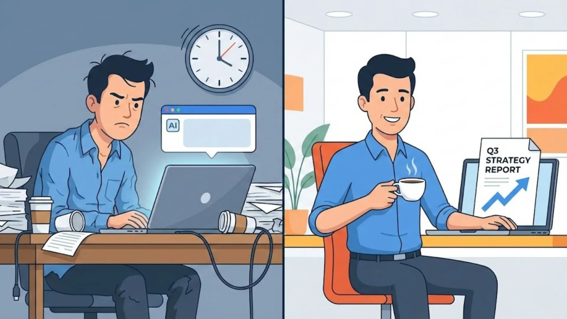 Split screen of a stressed business owner using raw AI versus a relaxed owner using Expert AI Prompts to scale.