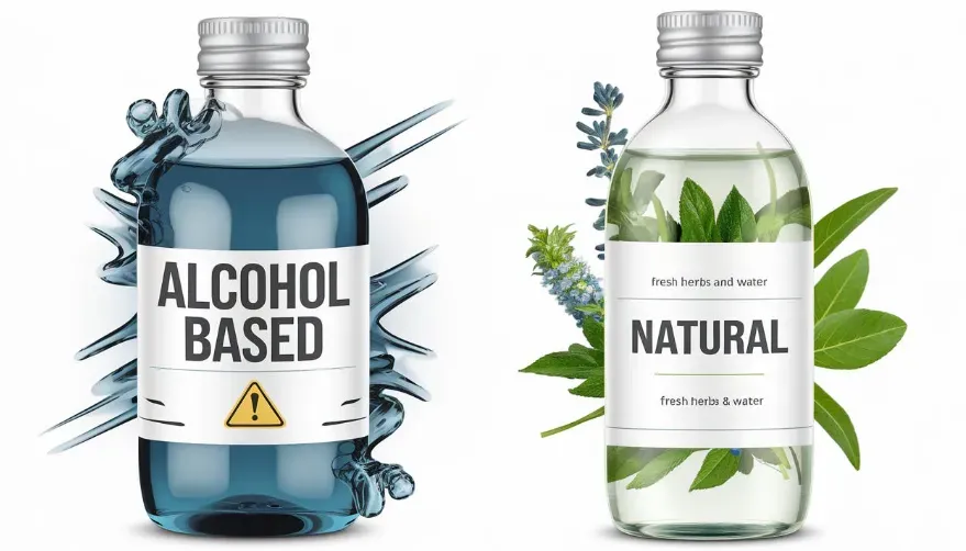 A visual of two contrasting mouthwash bottles. One bottle should be labeled 'Alcohol-Based' with visual elements like harsh lines or caution symbols, while the other is labeled 'Natural' with imagery of fresh herbs or water. 