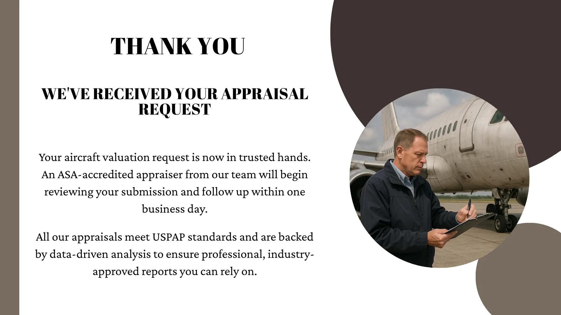 Thank you page with message confirming receipt of an aircraft appraisal inquiry, featuring a professional inspecting an aircraft on the tarmac with a clipboard.
