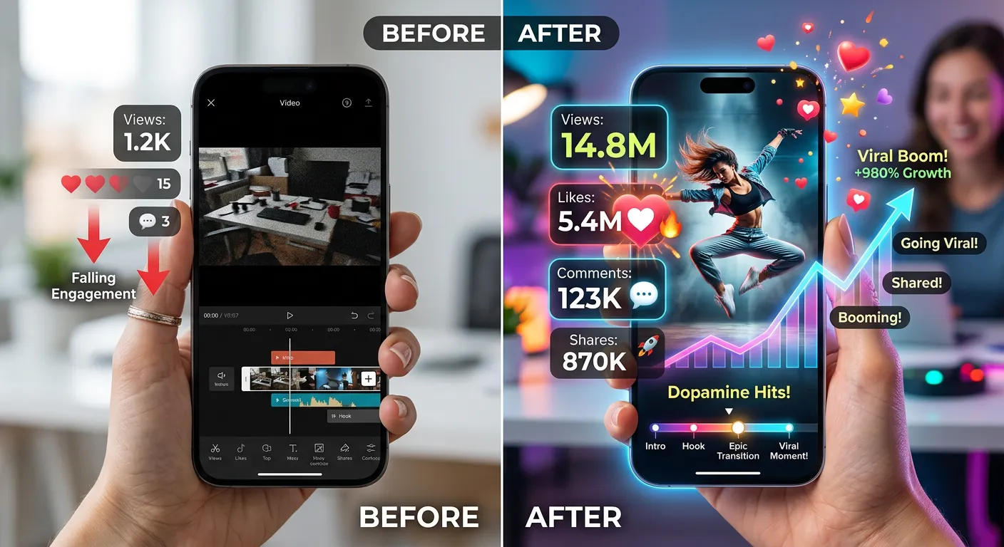 Before and after comparison of video editing showing messy rough edits turning into a viral social media video with high engagement likes shares and rapid growth analytics