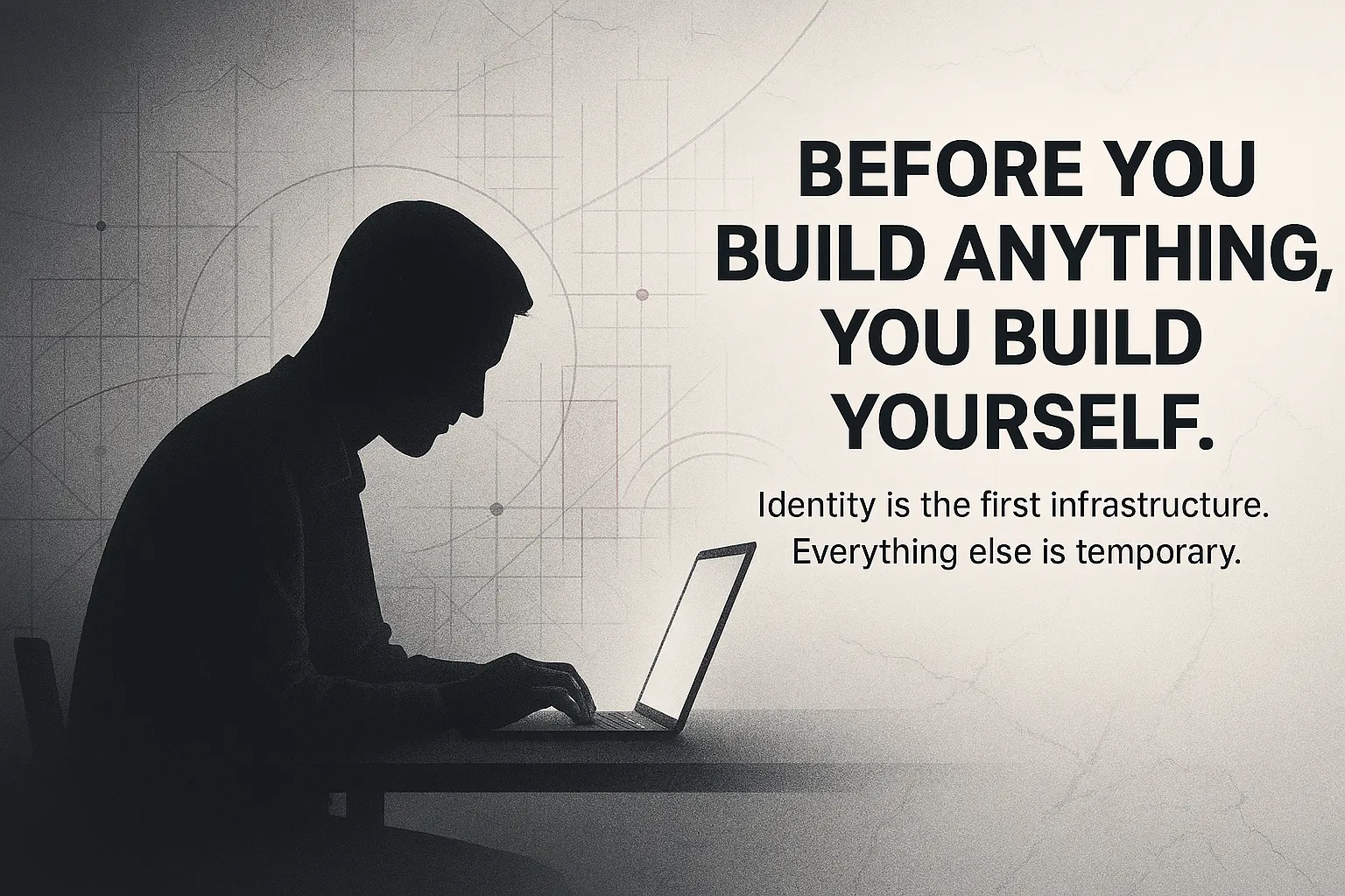 A silhouetted entrepreneur works on a laptop in a quiet, focused posture. Behind them, faint blueprint lines and geometric shapes emerge, symbolizing internal architecture being built. The background transitions from dark to light, suggesting clarity and resilience. Bold text reads “Before You Build Anything, You Build Yourself,” with a subheading: “Identity is the first infrastructure. Everything else is temporary.
