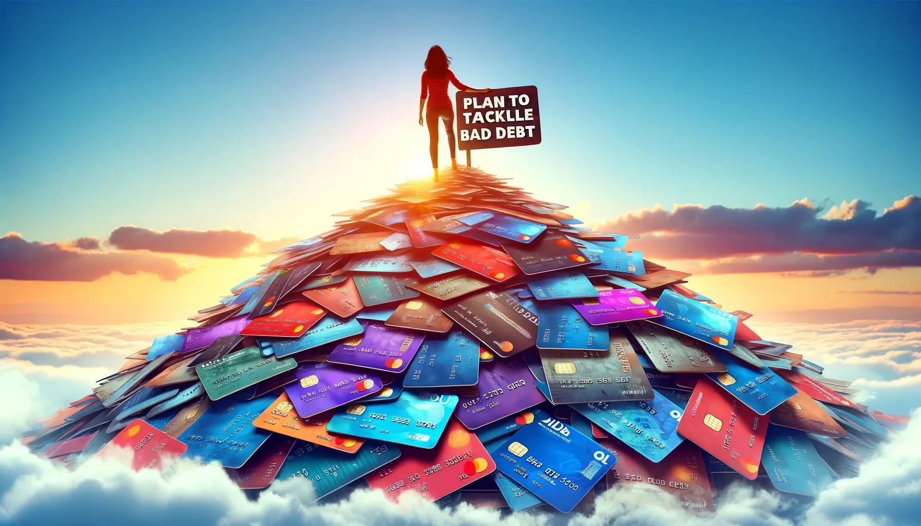 Women standing on mountain of credit cards with a sign saying "Plan to Tackle Bad Debt"