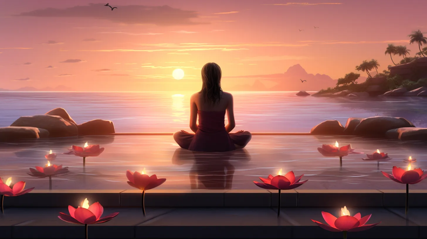 serene lotus yoga pose at sunrise tranquil ocean background with symbolic elements scented candle buddah statue