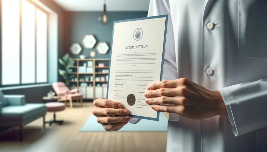 A close-up of an acupuncturist’s hands holding a certification document with a soft-focus background of a tidy and welcoming clinic.