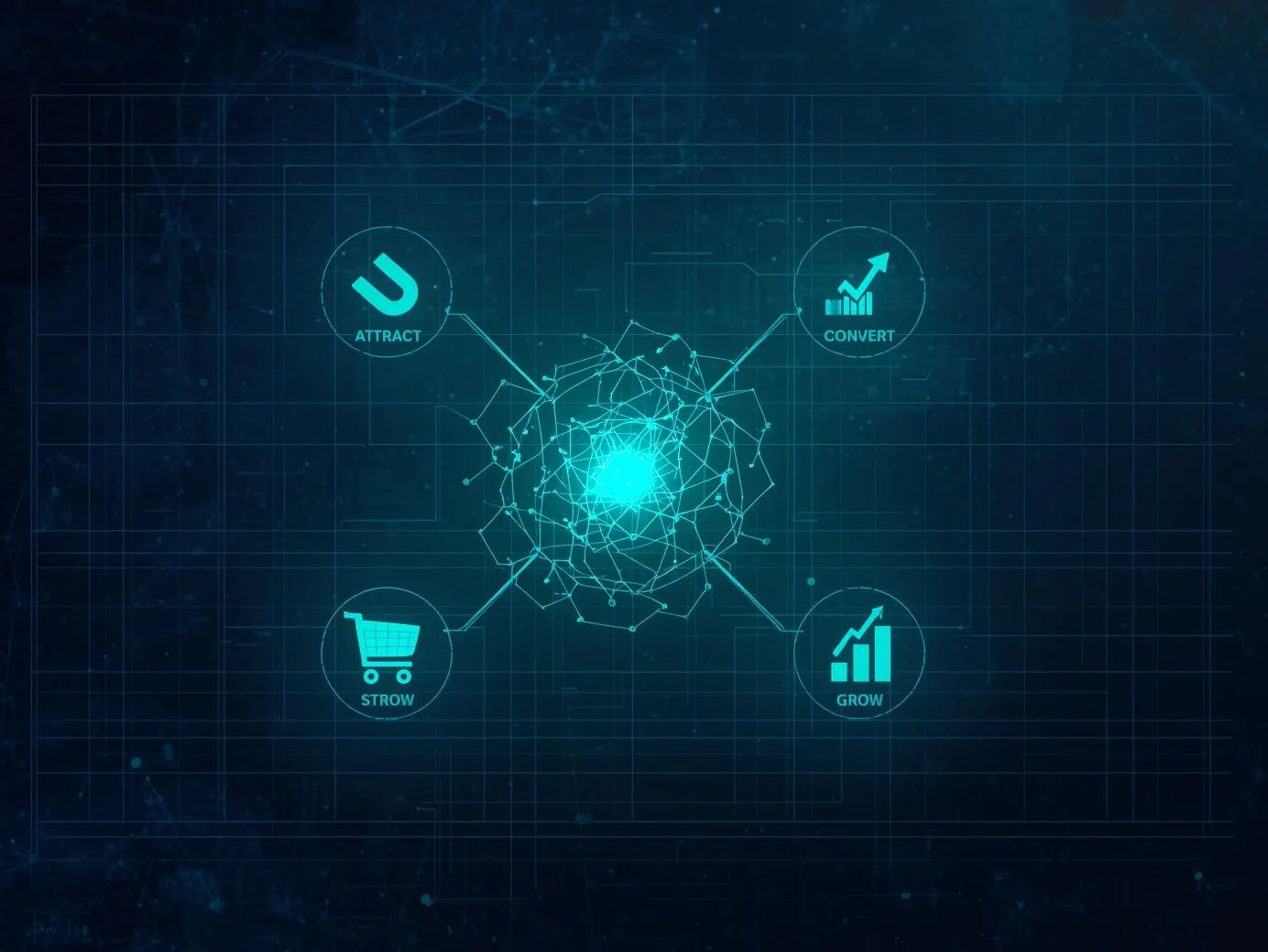 An illustration of a central AI hub powering a marketing strategy, with connected pathways leading to icons for attracting, converting, and growing a customer base.