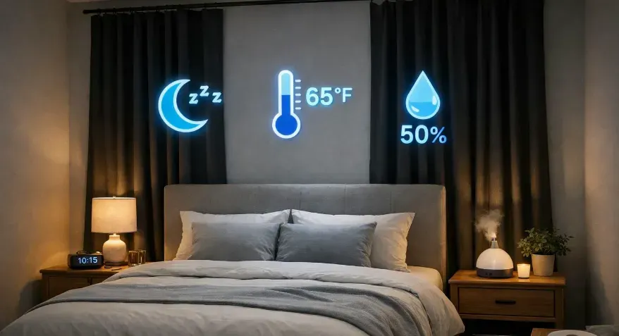 Calm bedroom setup with blackout curtains, cool temperature indicators, and minimal electronics to demonstrate an ideal sleep environment.