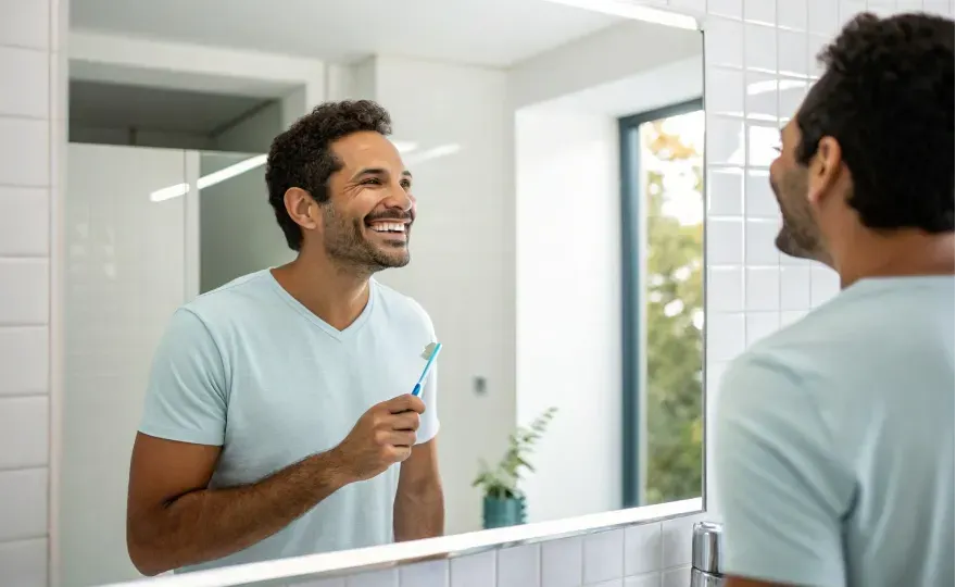 Latino man in bathroom with a big bright white smile and a toothbrush in his hand.