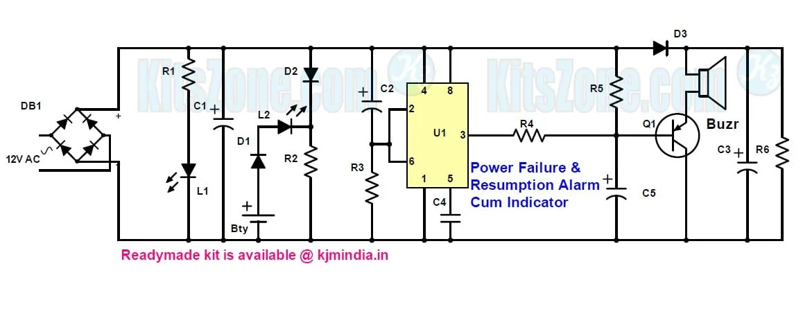 Power failure and resumption alarm and indicator circuit using 555 timer