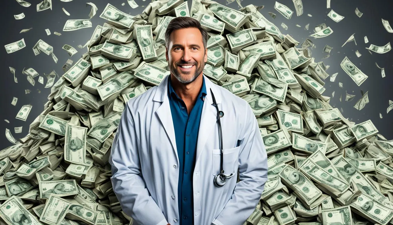 anesthsiologist salary male physican in front of a money pile