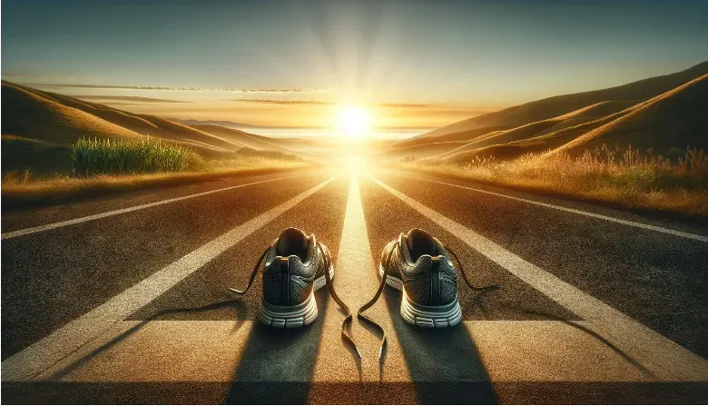 Running sneakers on the road facing the rising sun as if to announce the beginning of something.