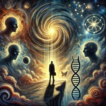 A man confronting symbolic shadows of himself, illuminated by a constellation shaped like a DNA helix, representing the emotional work of the Gene Keys