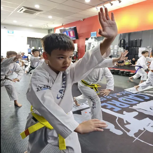 Kids 4 to 8 Year old practising striking skills during a kids class at CADRE Academy