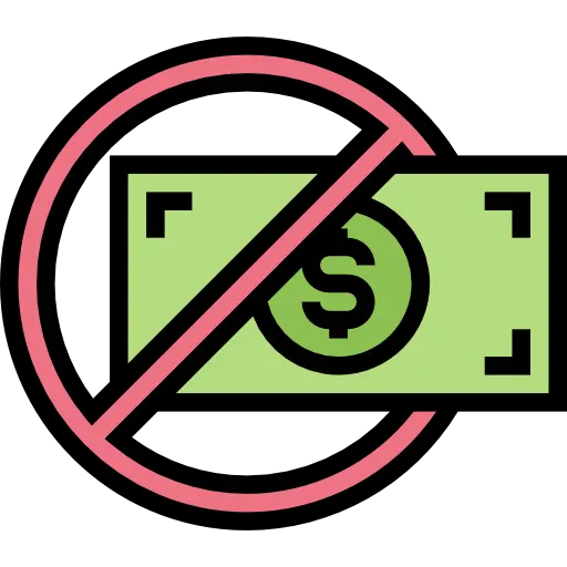 Dollar sign with a cancellation symbol, illustrating no commissions or hidden fees.