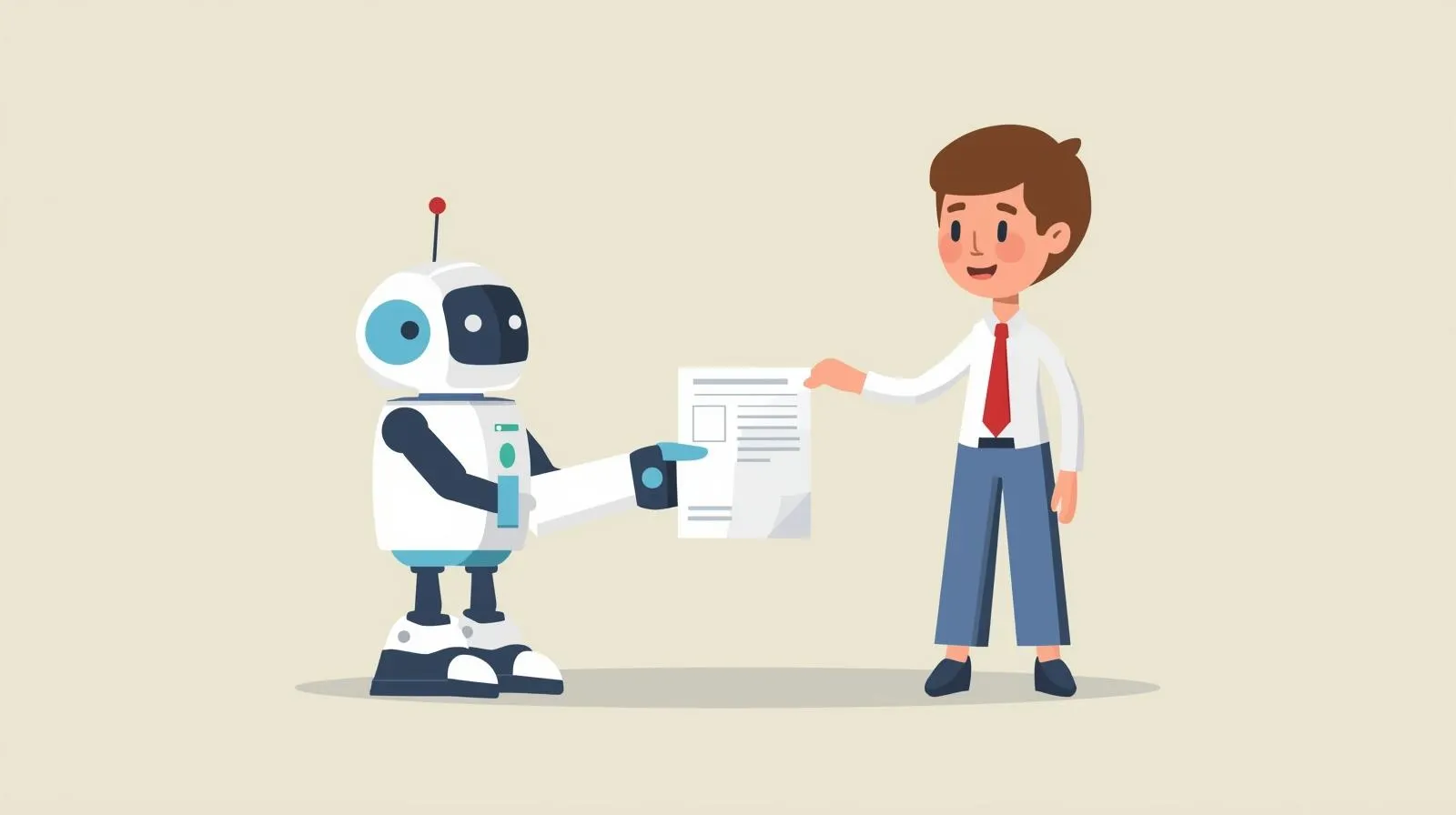 A simple illustration explaining artificial intelligence: a friendly robot assistant helping a business owner with their work.