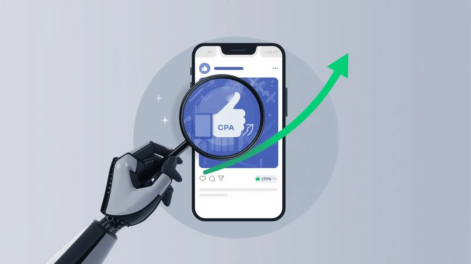 A graphic showing an AI using a magnifying glass for AI Facebook ad optimization to lower the Cost Per Acquisition (CPA).