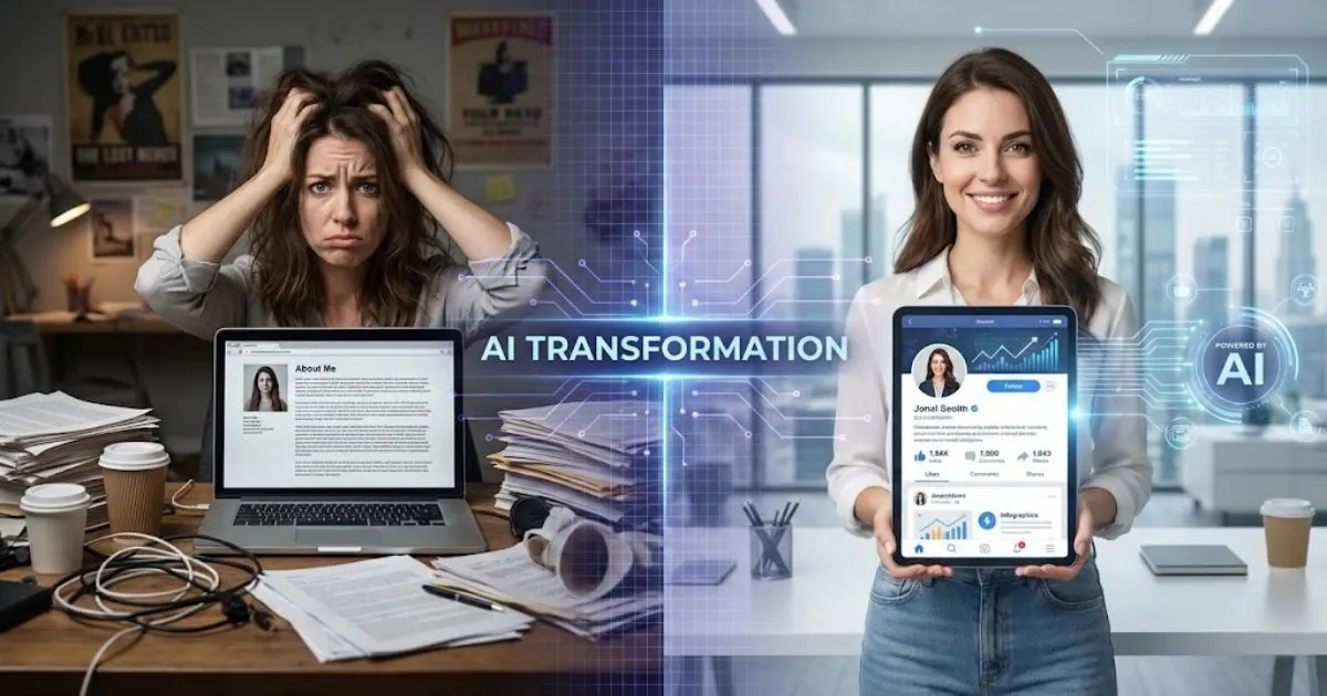 Split screen showing a stressed entrepreneur versus a confident business owner using AI tools.