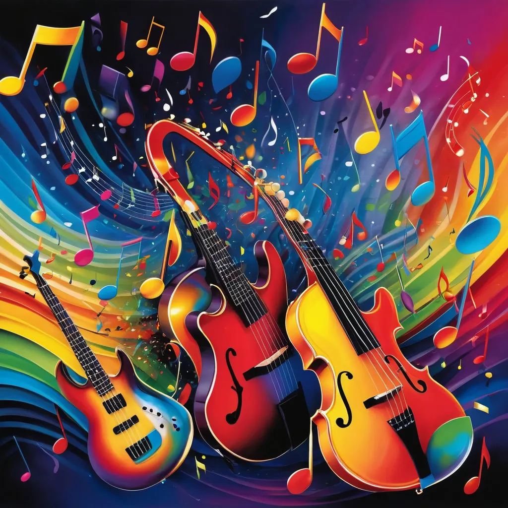 Guitars and music symbols flying round in bright colours