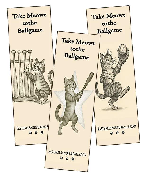 Drawings of cats playing baseball on bookmarks for Take Meowt to the Ballgame