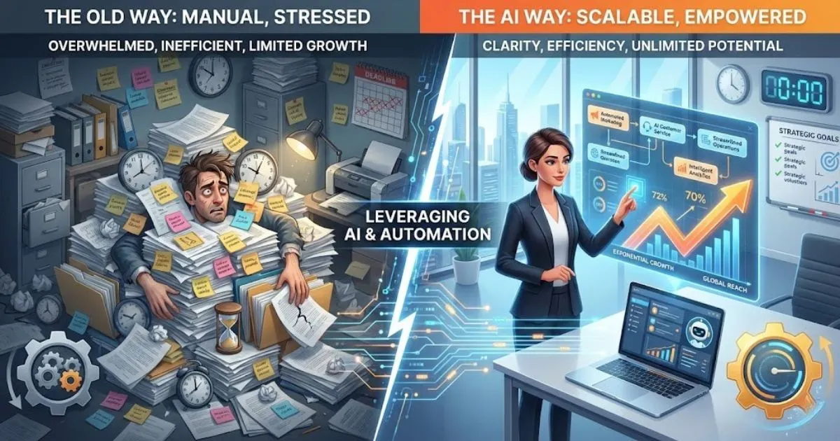 Comparison of a stressed solopreneur vs a scalable business owner using AI tools.