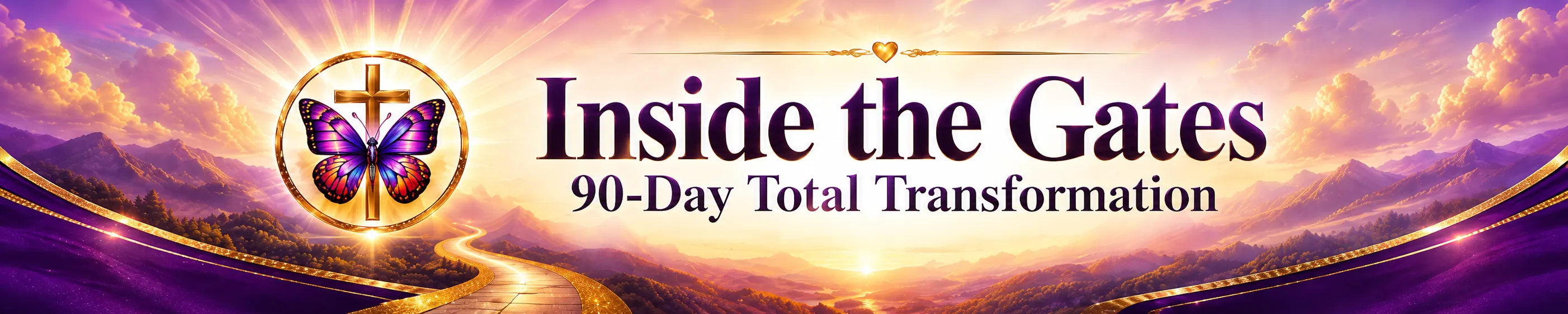 Wide purple-and-gold 90-Day Total Transformation banner showing a radiant sunrise over layered mountains and a glowing road winding toward the horizon. A colorful butterfly rests over a gold cross inside a circular emblem on the left. Large text reads ‘Inside the Gates,’ with ‘90-Day Total Transformation’ below.