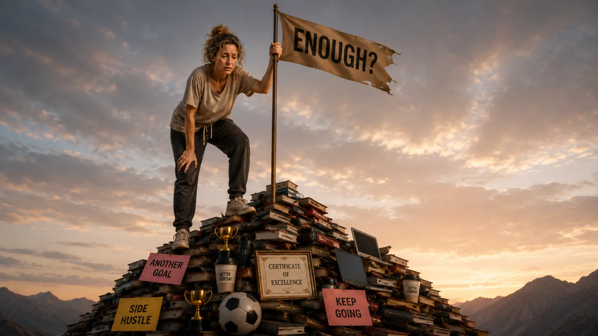 A woman atop a mountain of achievements holding a tattered flag reading ‘Enough?’