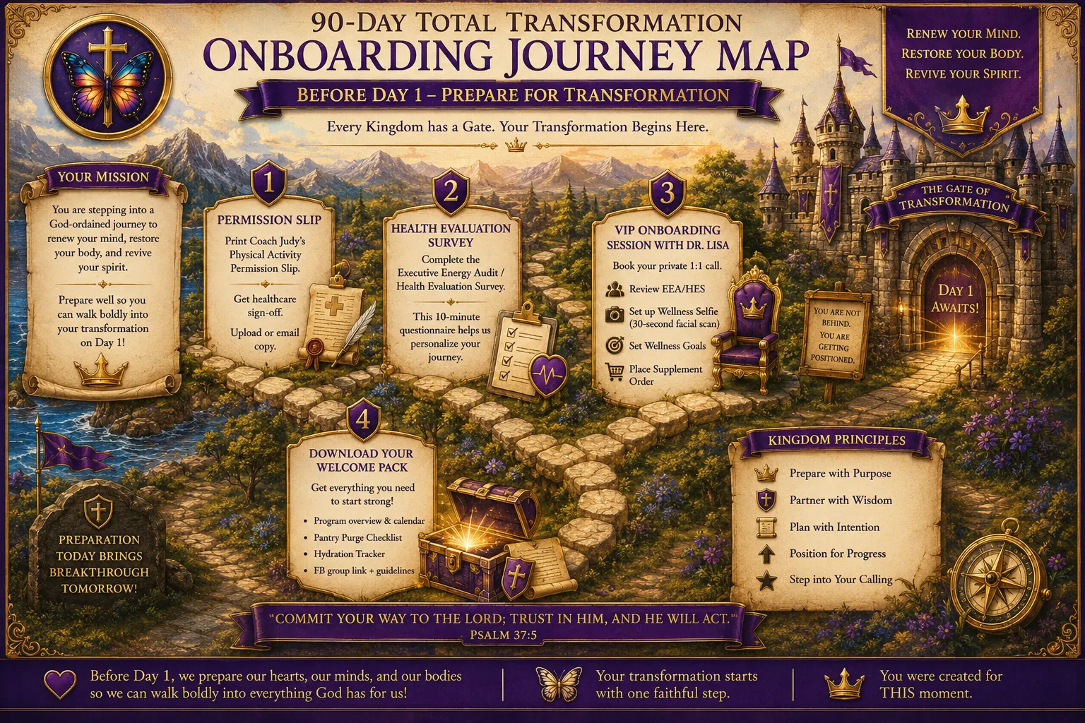 Ornate Christian-themed 90-Day Total Transformation Onboarding Journey Map showing the preparation pathway before Day 1. A winding stone road travels through a mountainous kingdom toward a glowing castle entrance labeled 'The Gate of Transformation,' where 'Day 1 Awaits.' Four numbered preparation steps appear along the path: obtain healthcare approval using Coach Judy’s Physical Activity Permission Slip; complete a 10-minute Executive Energy Audit/Health Evaluation Survey; book a private VIP onboarding session with Dr. Lisa to review results, complete a wellness selfie facial scan, set wellness goals, and place a supplement order; and download a welcome pack containing the program overview and calendar, pantry purge checklist, hydration tracker, and Facebook group information. A mission scroll explains that participants are preparing for a God-ordained journey to renew the mind, restore the body, and revive the spirit. A second scroll lists five Kingdom Principles: Prepare with Purpose, Partner with Wisdom, Plan with Intention, Position for Progress, and Step into Your Calling. Symbolic elements including a crown, throne, treasure chest, compass, cross, butterfly, and illuminated castle reinforce preparation and purposeful transformation. Psalm 37:5 anchors the map: 'Commit your way to the Lord; trust in Him, and He will act.'