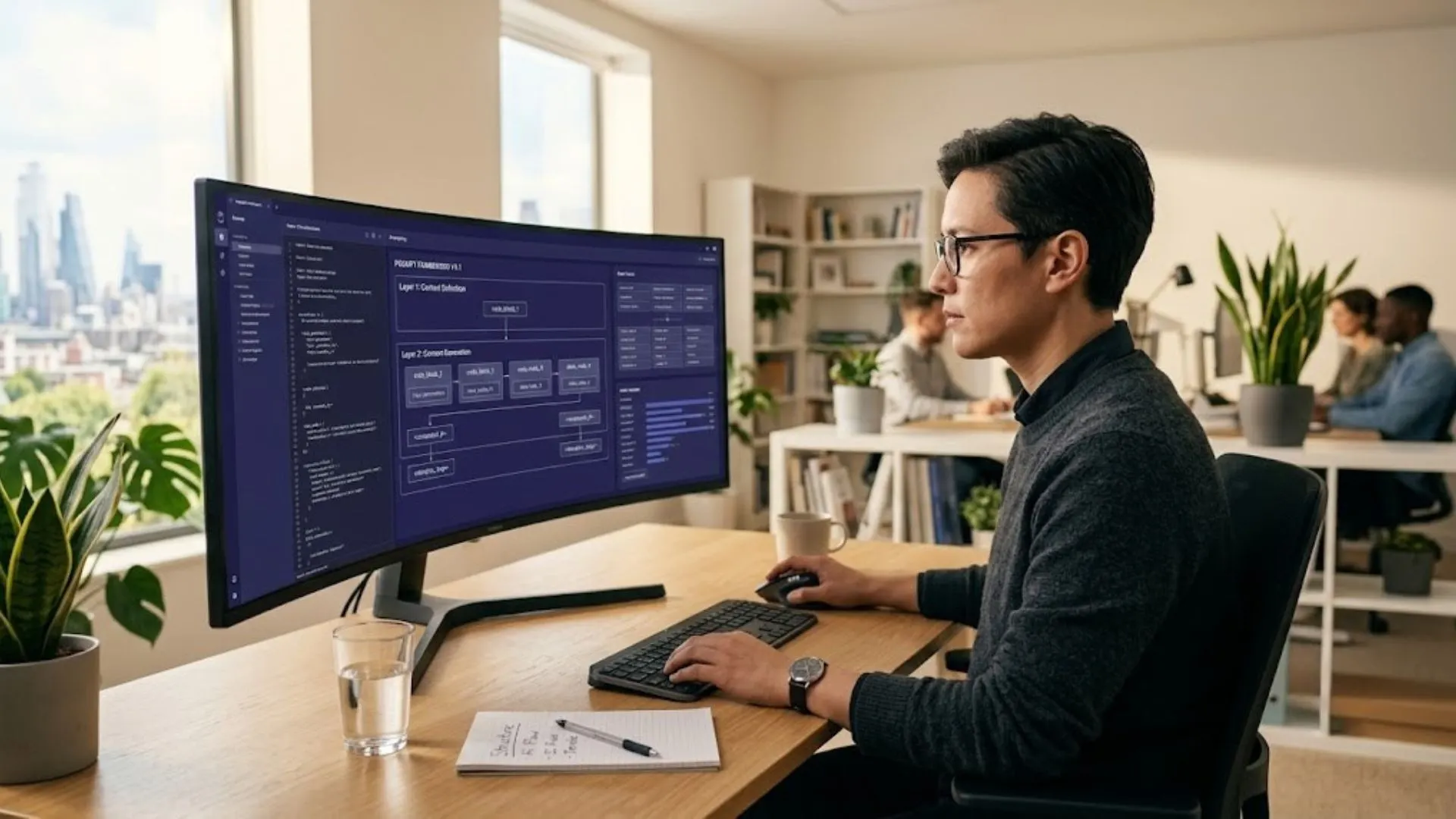 Professional using structured context-stacked AI prompt system on large monitor in modern office