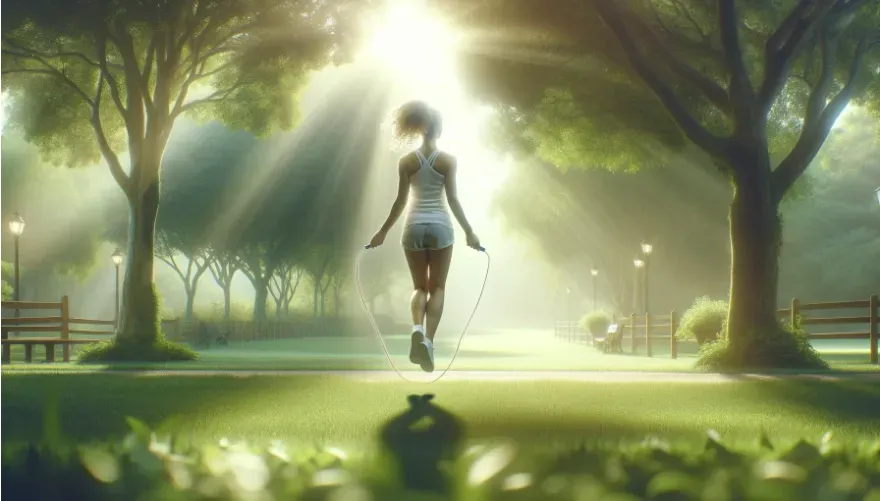 A peaceful scene of a woman jumping rope in a serene park in the morning.