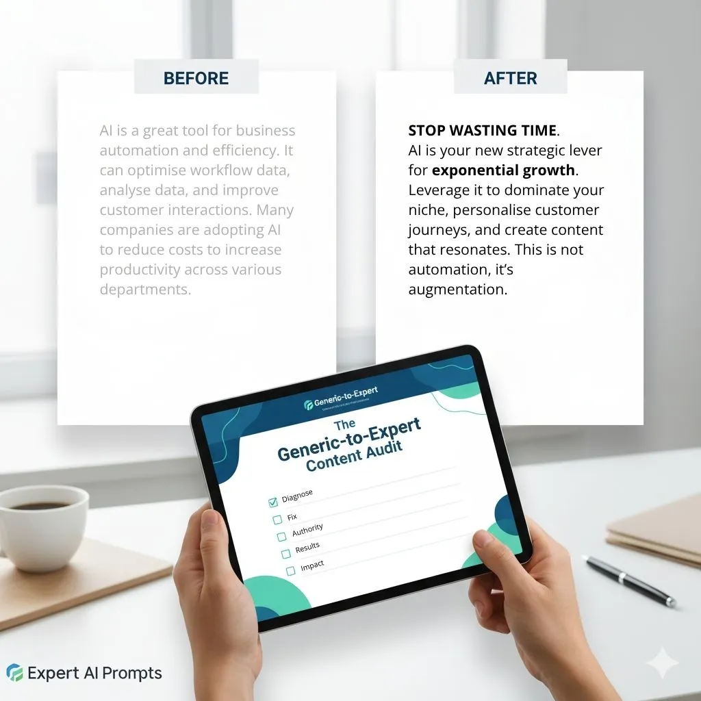 A solopreneur reviewing the Generic-to-Expert AI Content Audit checklist on a tablet.