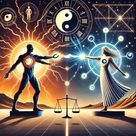 two contrasting figures—a bold Manifestor radiating wild lightning and a calm Projector glowing with intuitive light—standing in a desert under a cosmic sky, connected by sacred geometry.