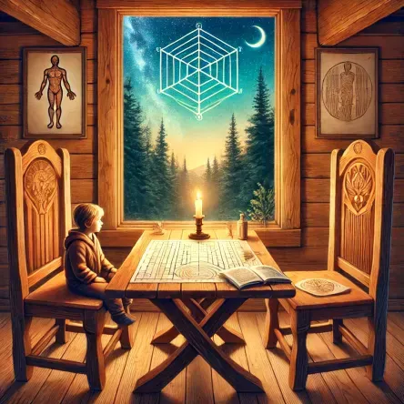 Symbolic digital artwork of a wooden table in a cozy mountain cabin with two chairs, an open Human Design chart, Gene Keys book, and a glowing candle—representing father-son reconnection and sacred dialogue