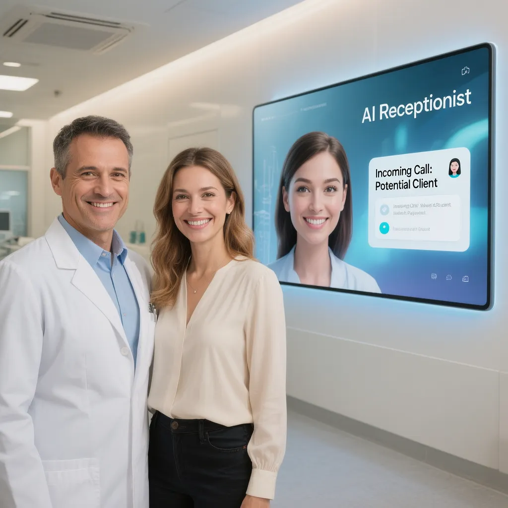 Plastic Surgeon with patient and Ai receptionist on screen