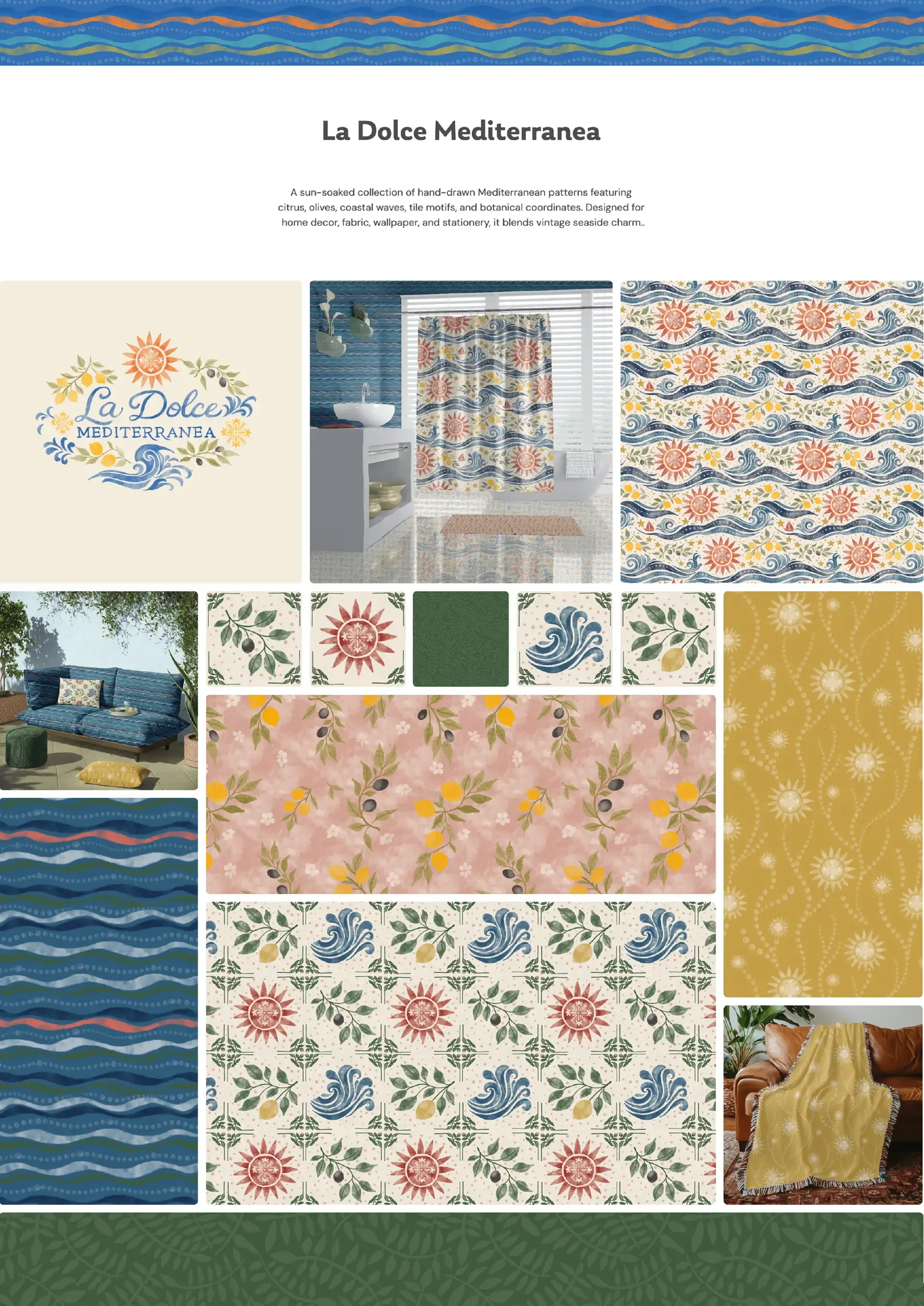 Watercolor Mediterranean coastal pattern with blue waves, lemons, olive branches, sun medallions, stars, and small sailboats on a warm cream background.