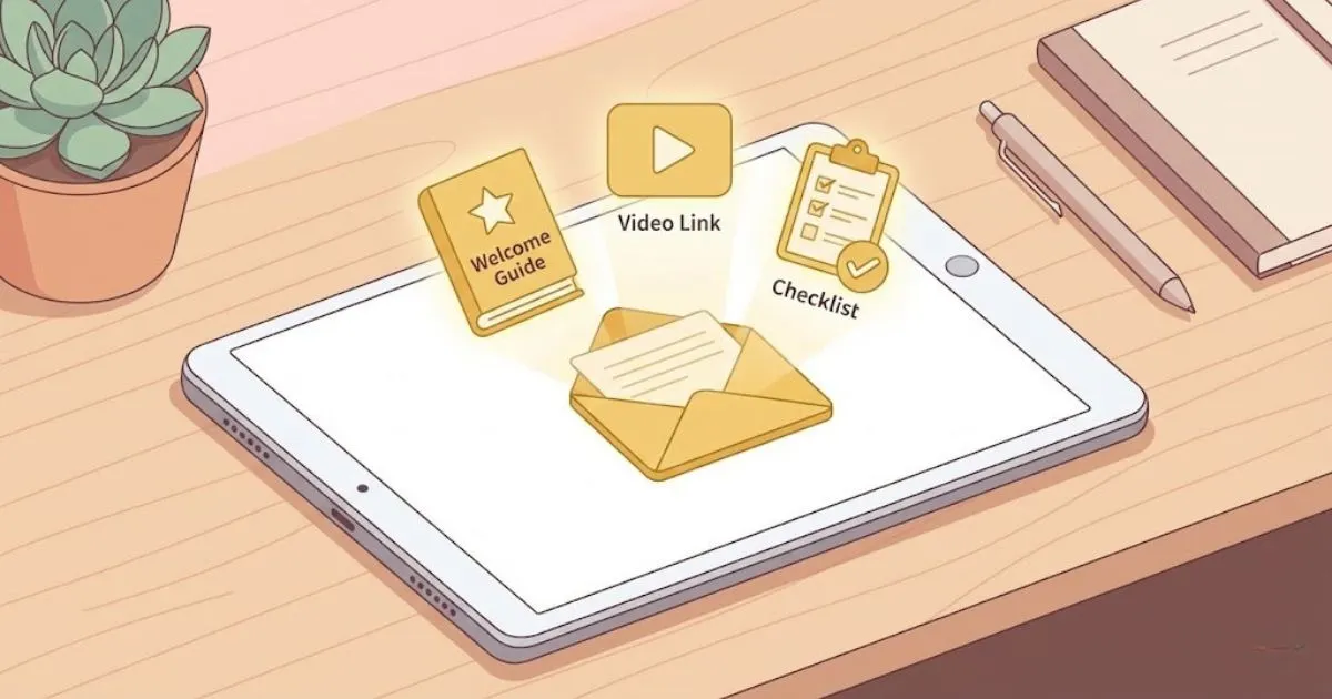 Automated email onboarding sequence icons emerging from a digital envelope.