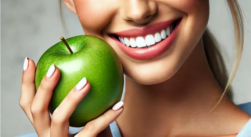 a person holding a green apple close to their face with a bright, healthy smile.