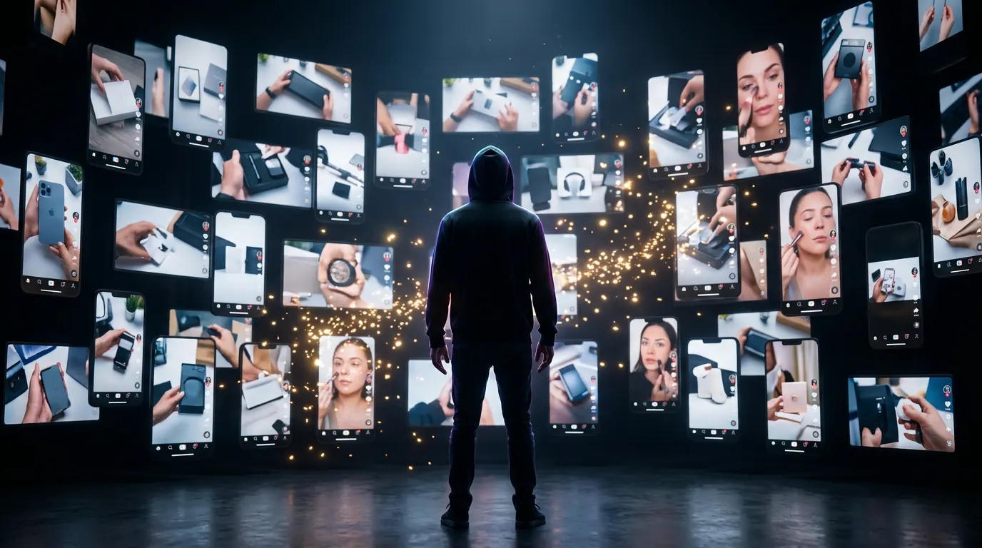 Faceless creator using AI to build affiliate review videos across multiple platforms, symbolizing the shift from fear of showing your face to automated content publishing.