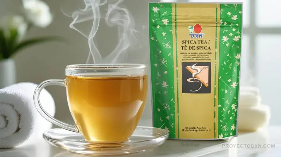 Una taza de Té de Spica de DXN, una mezcla herbal calmante y refrescante que apoya los procesos de limpieza natural del cuerpo.