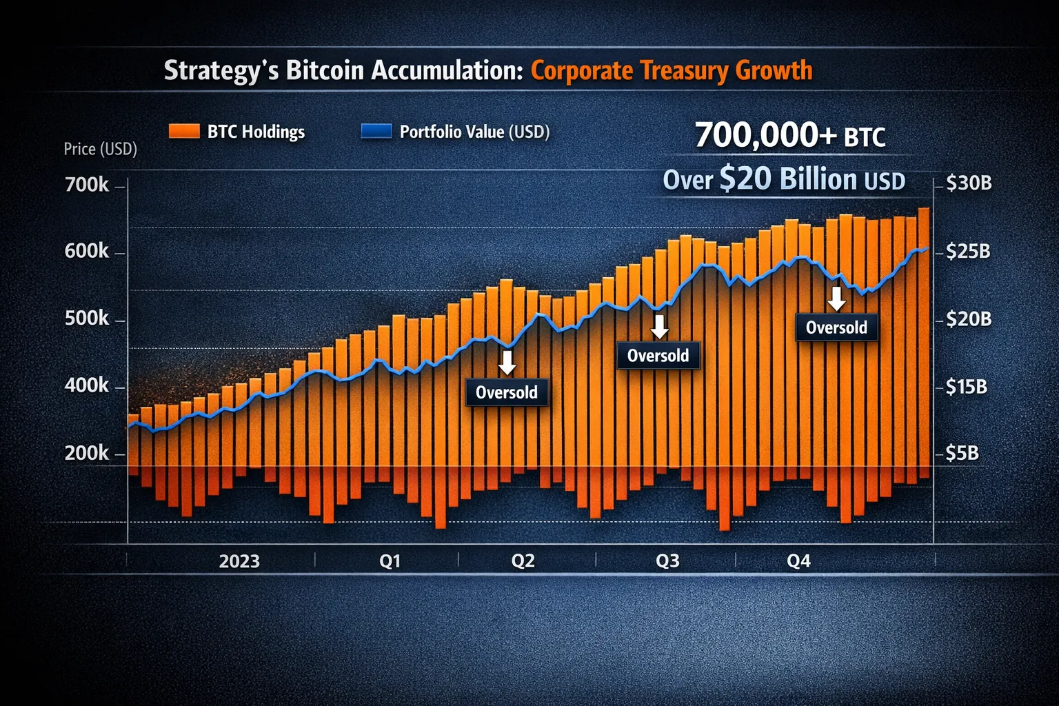 Chart titled ‘Strategy’s Bitcoin Accumulation: Corporate Treasury Growth’ showing orange bars for BTC holdings rising from 200k to over 700k between 2023 and 2024, alongside a blue line tracking portfolio value in USD from $5B to over $20B. Sovereign accumulation is visualized with annotated oversold points and a dark institutional background.