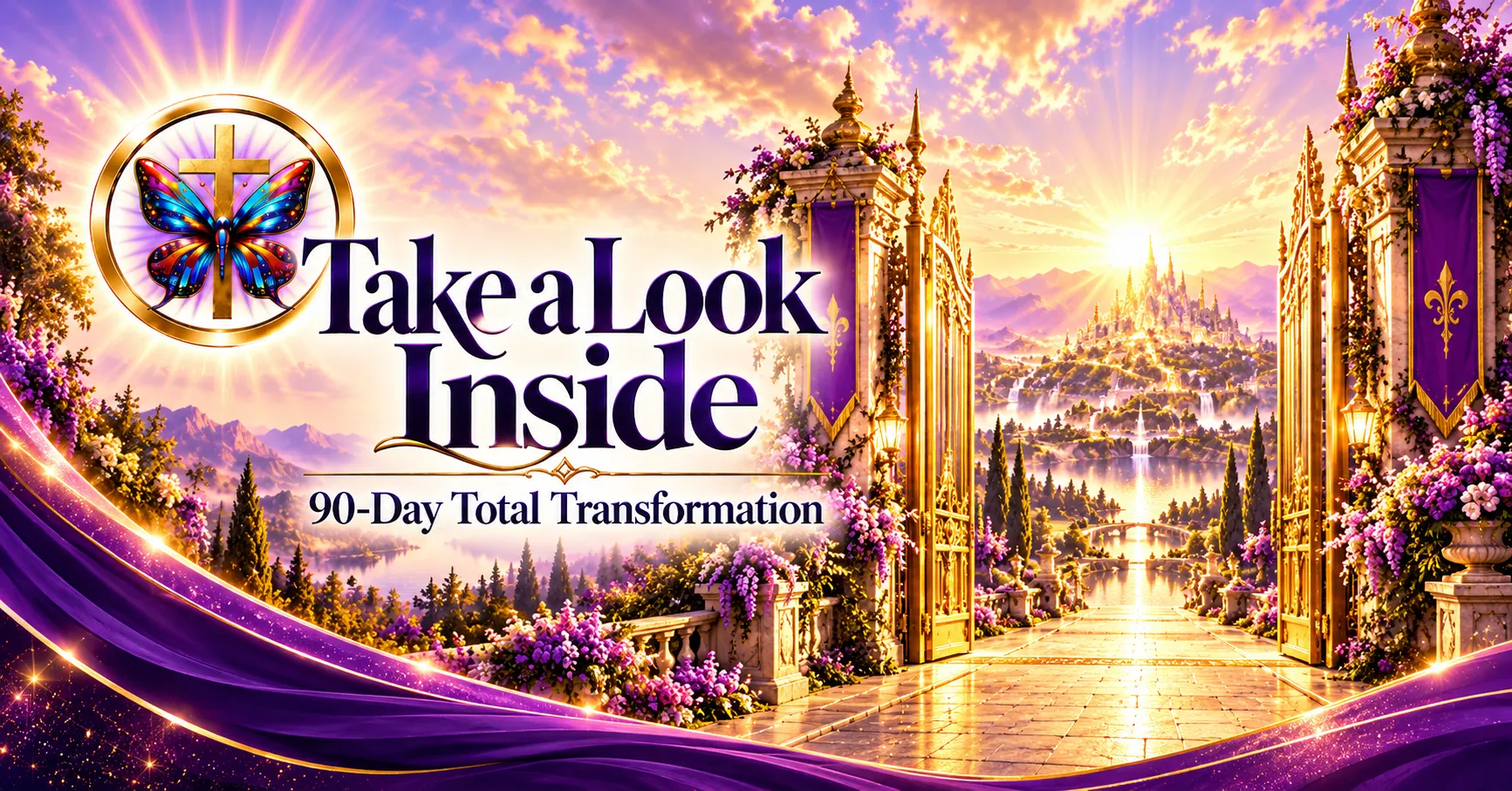 Purple-and-gold 90-Day Total Transformation social image featuring ornate open golden gates surrounded by purple flowers, with a luminous path leading toward a radiant castle-like destination in the distance. The butterfly-and-cross emblem appears on the left. Large text reads ‘Take a Look Inside,’ with ‘90-Day Total Transformation’ below