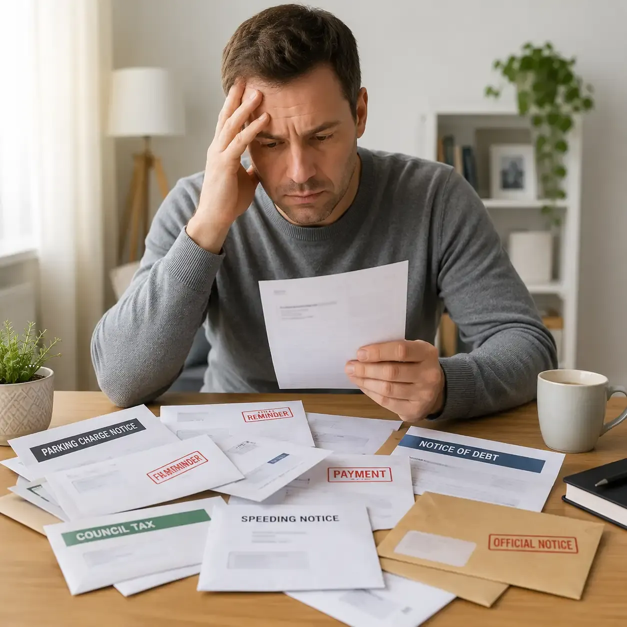 Worried householder reading official-looking paperwork at home with council letters, parking charge notices, speeding paperwork and debt letters on the table.