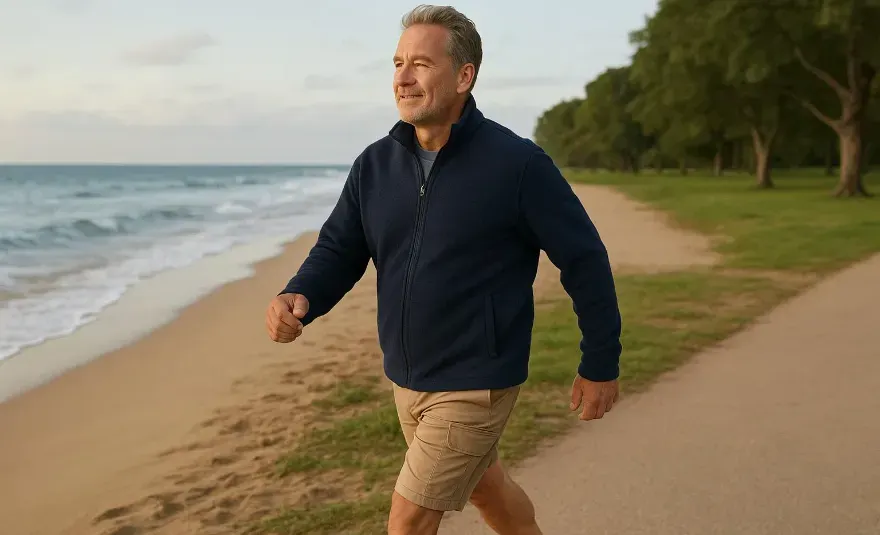 Older man walking outdoors to support prostate health