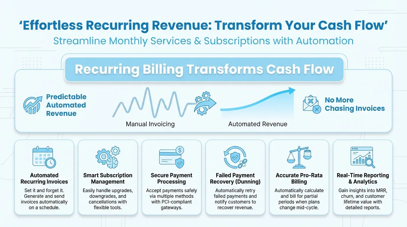 Infographic showing how using the recurring billing and subscriptions in invoicer.gg can transform your cash flow