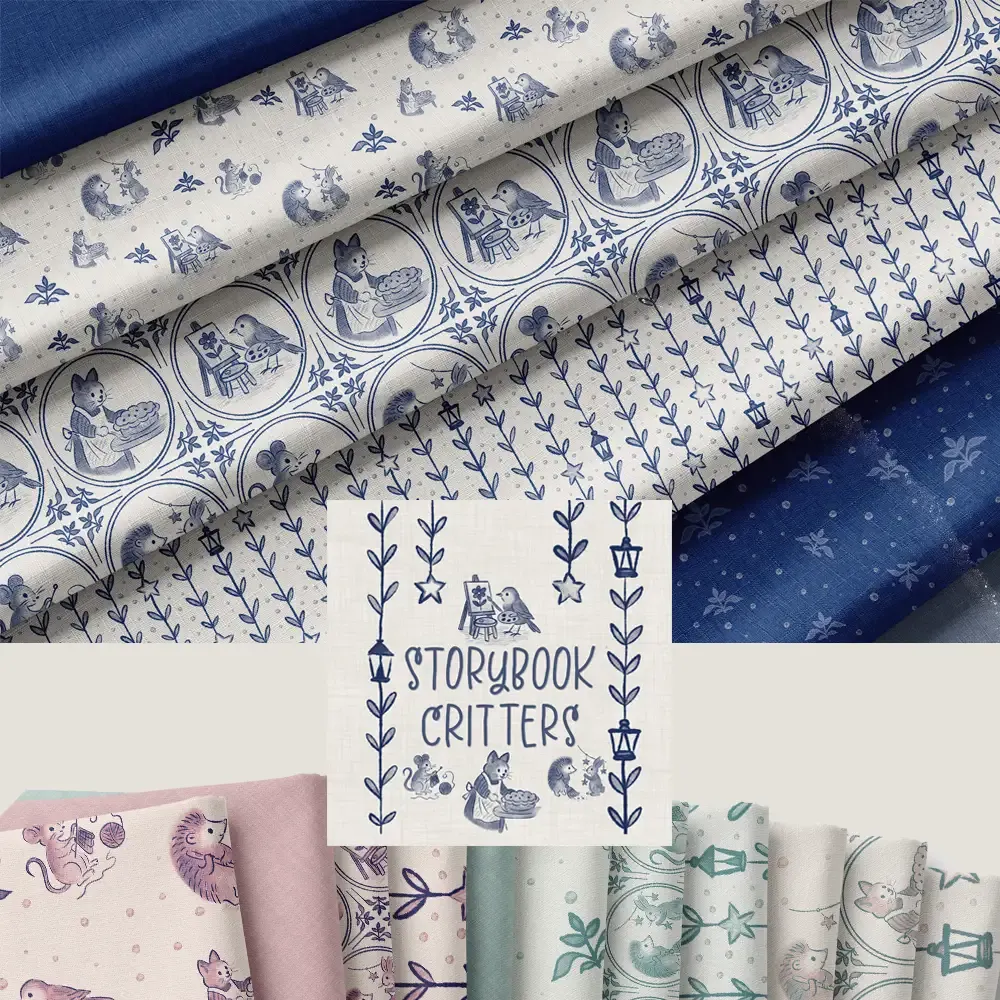 Storybook Critters surface pattern collection featuring whimsical animals, vintage-inspired motifs, and classic blue and white coordinating prints by Brayberry Design.