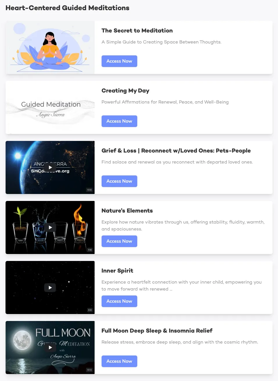 Overview of Heart-Centered Guided Meditations featuring titles like 'The Secret to Meditation,' 'Grief & Loss,' and 'Inner Spirit