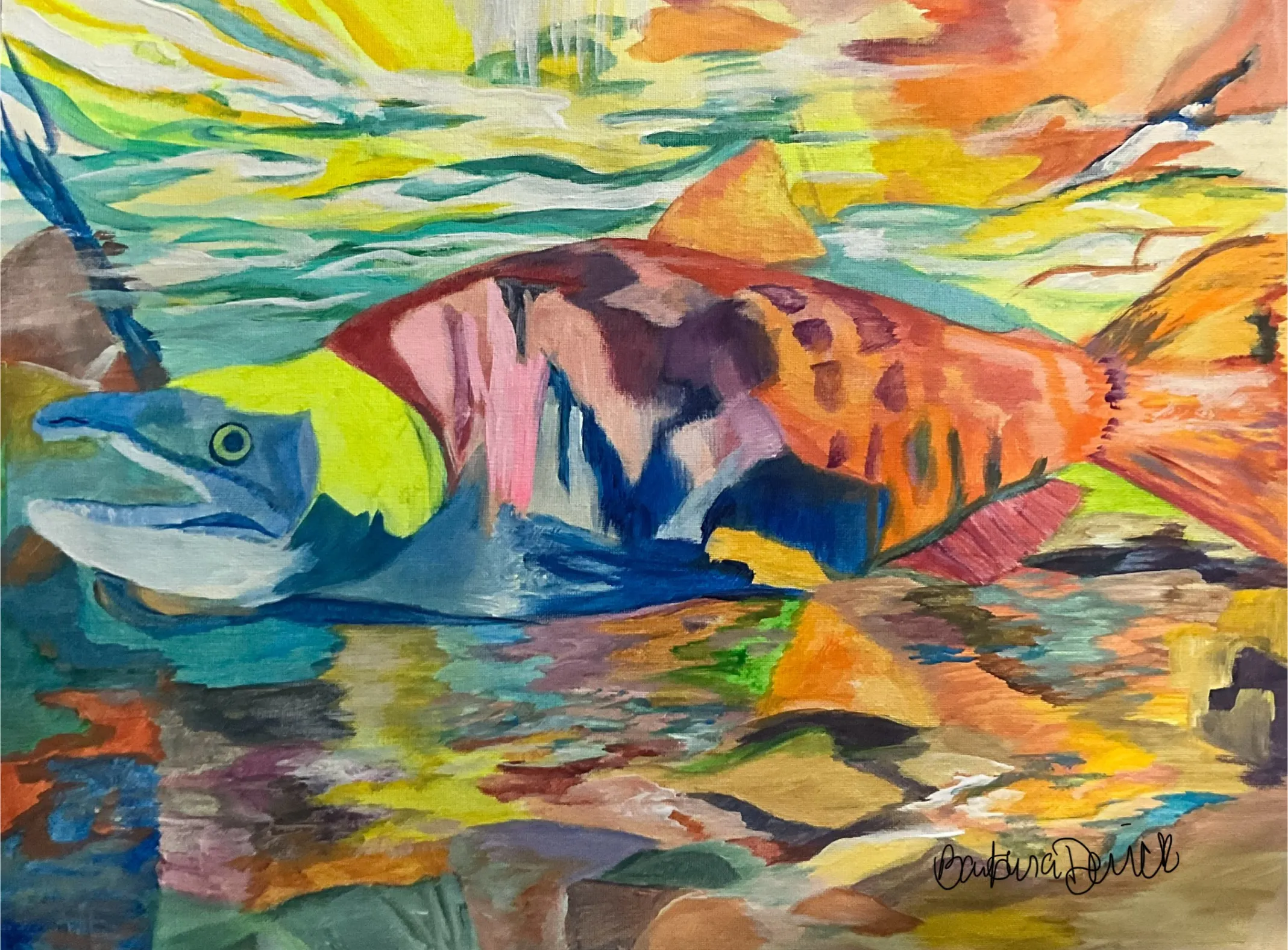 salmon painting by Barbara Derrick