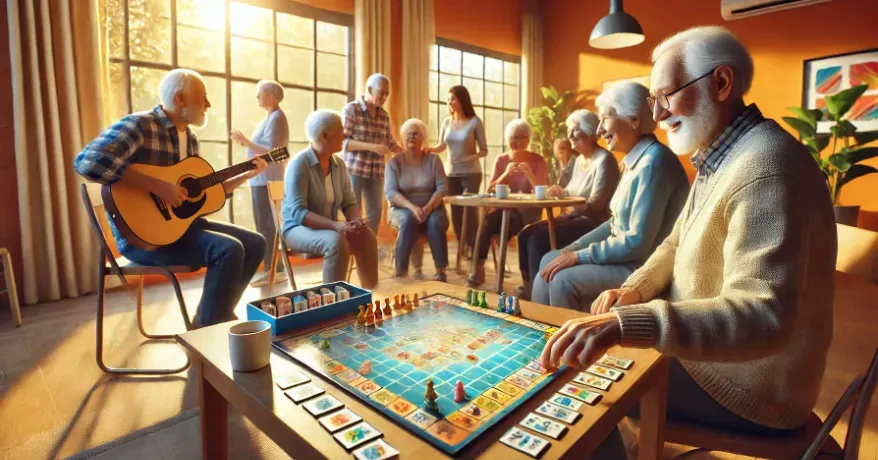 A warm and inviting group setting where elderly individuals are engaged in cognitive stimulation activities, like playing memory games and having discussions.