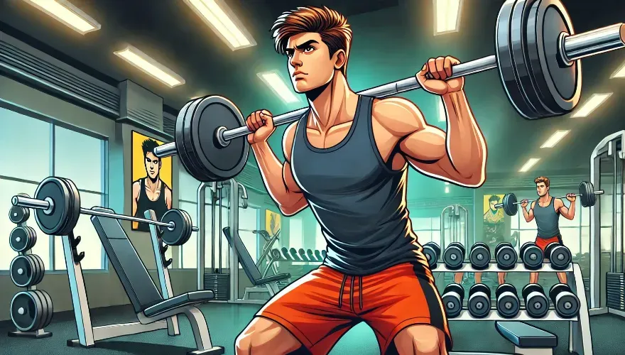 Young man lifting weights with proper form in a motivating gym environment.